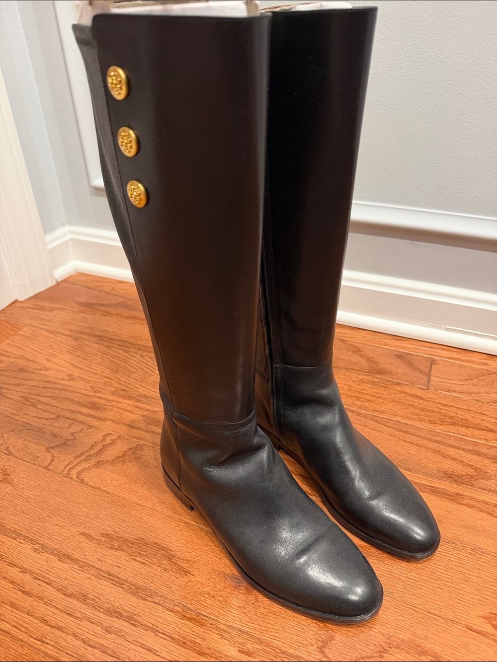 Tory Burch Black Over-the-Knee Boots with Gold Button Accents